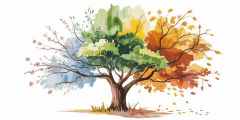 Watercolor four seasons tree illustration depicting spring summer autumn winter with vibrant foliage artistic branches seasonal changes nature concept for environmental sustainability projects and edu