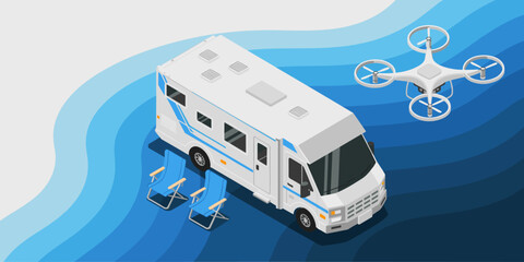 Isometric RV Motorhome with Drone Flying Overhead and Blue Beach Chairs for Summer Vacation Travel Adventure Trip Planning Remote Work Lifestyle Recreational Vehicle Illustration for Tourism Marketing