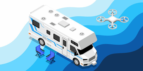 Isometric RV motorhome parked with drone flying overhead for travel lifestyle vacation concept illustration. Recreational vehicle camping adventure with modern technology for summer holiday tourism an