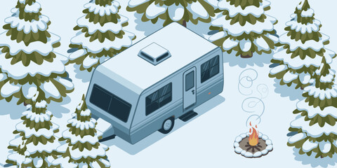 Isometric campervan RV in snowy winter forest campsite with campfire recreational vehicle camping adventure in nature travel wanderlust journey for tourism vacation holiday lifestyle advertising marke