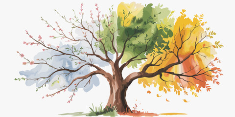 Watercolor painting of a big tree portraying the four seasons spring blossoms summer foliage autumn colors and winter frost artistic nature illustration for environmental awareness educational materia