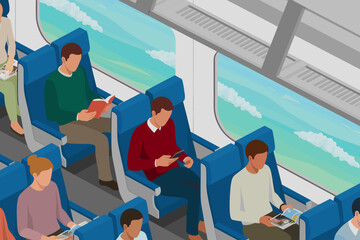 Passengers Relaxing on a Train Commute Reading and Using Mobile Phones in Modern Interior with Blue Seats and Scenic Window View Illustration for Travel Tourism Transportation Public Transit and Lifes