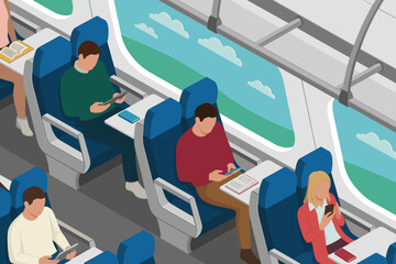 Isometric passengers traveling by train using digital tablets and reading books in comfortable seats near window with landscape view modern public transportation travel illustration for business commu