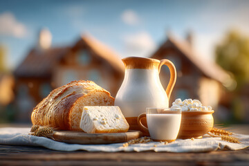 Rustic still life with fresh farm dairy products and crusty bread.