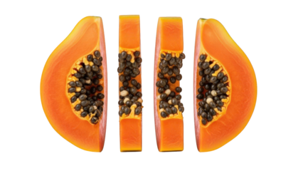 Sliced Papaya Segments with Seeds on Black Background fruit