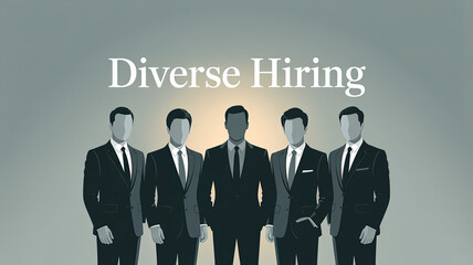 Diverse Hiring: A group of professionals standing in formation symbolizes diversity and inclusion, with the words Diverse Hiring prominently displayed.