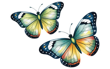 Two colorful butterflies flying isolated on white background