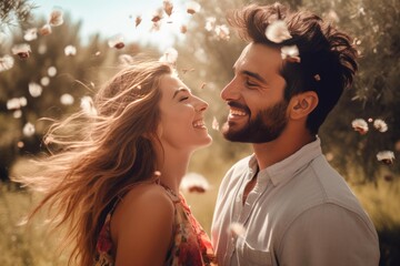 Happy couple smiling and laughing together while petals fall around them