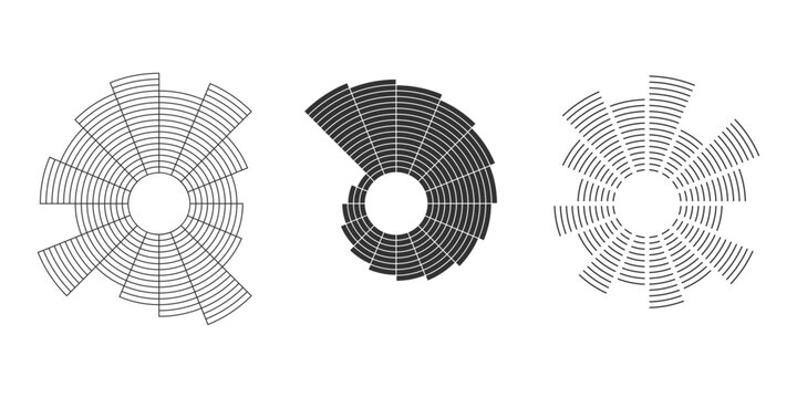 Abstract circular radial chart set, segmented ring diagrams in black and white vector style