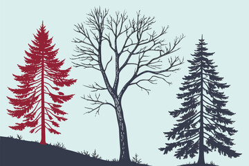 Christmas tree silhouette clipart set. Black Christmas tree drawing clip art collection in white background for xmas season pine tree flat icon decoration vector illustration.