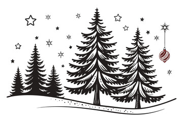 Christmas tree silhouette clipart set. Black Christmas tree drawing clip art collection in white background for xmas season pine tree flat icon decoration vector illustration.