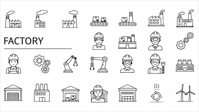 Linear factory and manufacturing web icon set with editable stroke. Includes automation, industrial plants, production, machines, and warehouse icons..eps