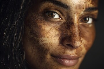 Obraz premium This ultra-realistic portrait features a young woman with beautiful freckles and dark hair, radiating confidence and charm in a softly lit environment with copy space