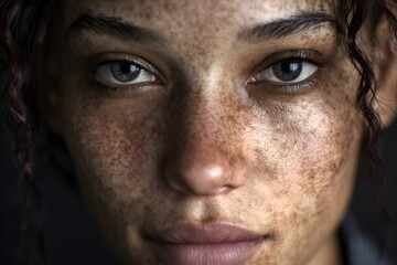 Obraz premium This ultra realistic portrait features a young woman with beautiful freckles and curly hair, capturing her expressive eyes and natural beauty in a soft, atmospheric setting