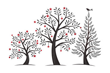 Christmas tree silhouette clipart set. Black Christmas tree drawing clip art collection in white background for xmas season pine tree flat icon decoration vector illustration.