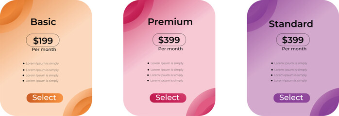 Modern pricing table template – basic premium standard plan ui design