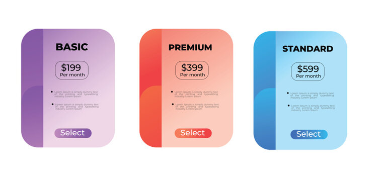 Colorful pricing plan cards &ndash; subscription package comparison UI  layout