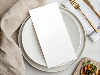 Minimal restaurant menu mockup with blank vertical card and modern table setting