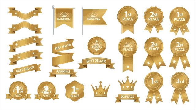 Number one award icons. Vector set with crowns, ribbons, medals, and ranking numbers 1&ndash;3 for contests and games..