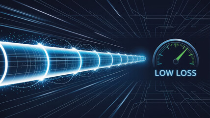 Obraz premium Low Loss Data Transmission: An eye-level shot captures a futuristic visualization of data transmission through a fiber optic cable, complemented by a low-loss gauge.