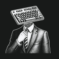 The Keyboard Head: A Conceptual Illustration of Modern Technology and Business.