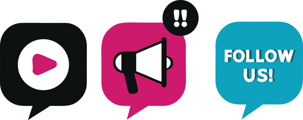 Social media notification icons play button, megaphone, and follow us speech bubble