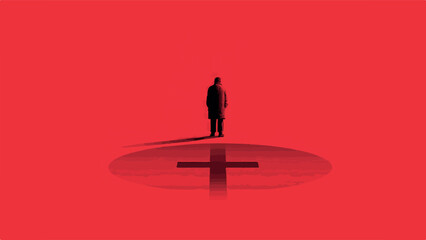 Human figure standing on a reflective surface with a minus symbol as shadow behind traced illustration