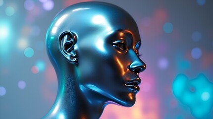 Futuristic metallic human sculpture side profile, pearlescent reflections with neon blues and purples, smooth fluid contours, glossy chrome finish, digital art, 8k resolution