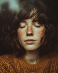 woman closing eyes softly, calm acceptance