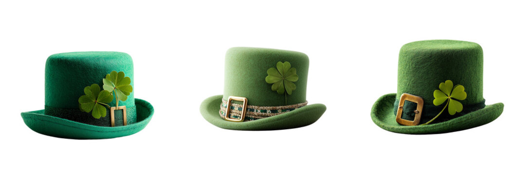 Set of Topi hijau dengan semanggi berdaun empat sebagai simbol keberuntungan di atas permukaan kayu, fotografi produk bersih dan profesional on transparent png background. Ai generated