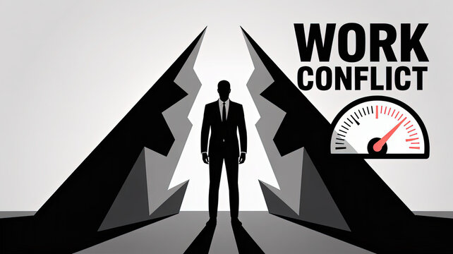Navigating Workplace Conflict: A determined individual stands resolutely at the crossroads of 'work conflict', illustrating the delicate balance and stress in the professional world.