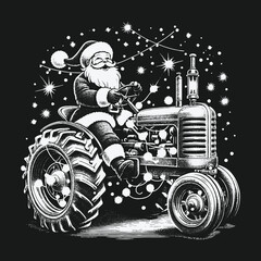 Santa Claus Driving Tractor with Christmas Lights Illustration.
