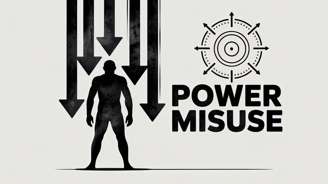 Power Misuse: A person stands tall, an emblem of strength, as arrows of power descend, the image punctuated by the stark words 'Power Misuse'.