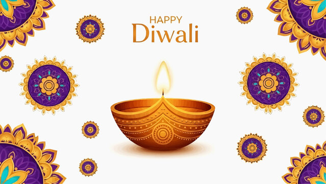 Elegant Diwali Background with Burning Diya Lamp and Purple Mandalas