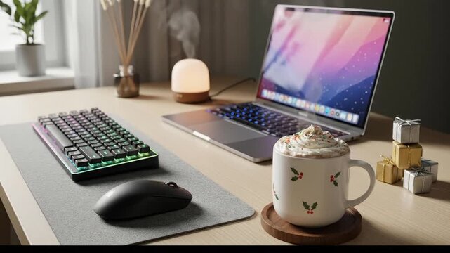 Cozy desk setup with festive drink and gifts