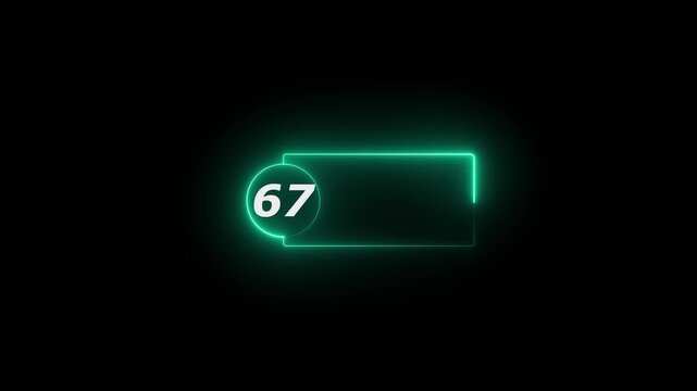 Blue Neon Number 67 Inside Circle With Rectangular Frame On Black Background sixty five numeral