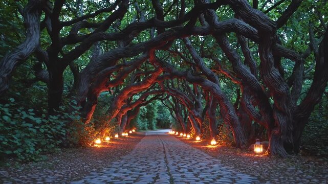 In night forest, a path lined with lantern light and flowers, trees arching overhead, fog curling softly, magic and mystery in the air, the warm glow of lanterns guiding through the night forest path.