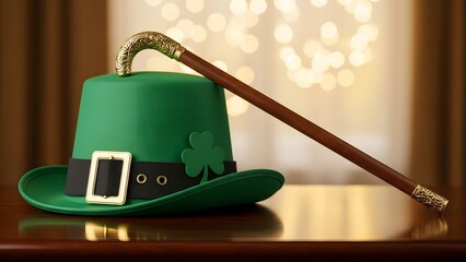 Happy st patrick's day green top hat and cane irish holiday celebration