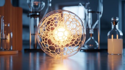 Luminous scientific glass orb with cellular patterns in a modern chemistry laboratory setting