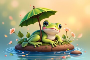 A cartoon frog seated on a floating island in a body of water. The frog is holding an umbrella to shield itself from the sun. Surrounding the frog are flowers and leaves