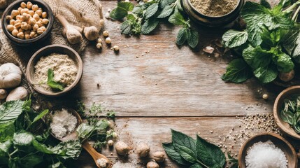 Fresh Herbs and Spices with Natural Ingredients on Rustic Wooden Table for Healthy Cooking and Culinary Arts