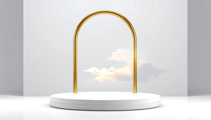 Minimalist Product Display with Golden Arch and Cloud Background.