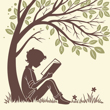 Child reading a large book under a tree silhouette, symbolizing learning and imagination