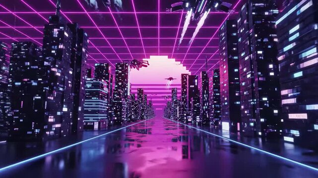 Retrowave cityscape with flying vehicles and pixelated sunset grid, 4k