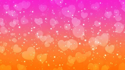 Beautiful heart shaped bokeh lights on pink and orange gradient background with sparkling lights