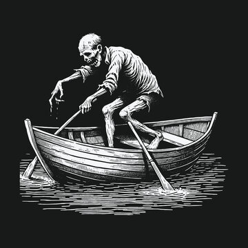 Grim Reapers Journey: A Skeletal Ferryman on the River Styx.