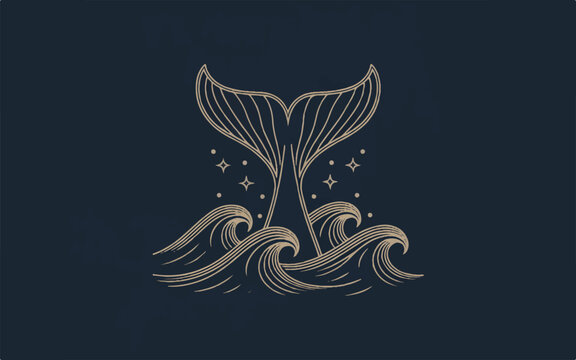 whale tail with waves and stars on navy blue