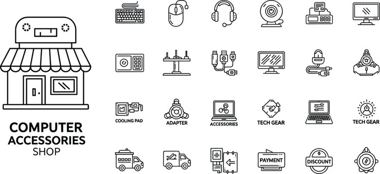 Computer accessories shop icon set illustration, technology devices and electronics symbols, outline vector style, business retail concept, isolated white background