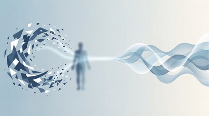 A person is shown in a creative abstract illustration with swirling shapes and colors