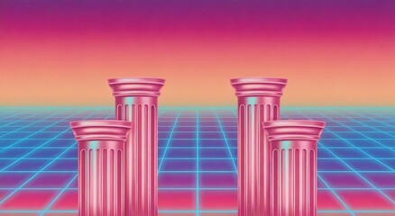 Vaporwave aesthetic with classical pillars on a glowing neon grid floor under a vibrant gradient sky, evoking a retro-futuristic dreamscape.